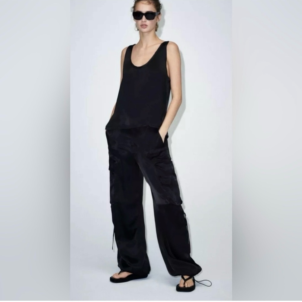 Zara Women's Black Satin Tapered Cargo Pants Size M